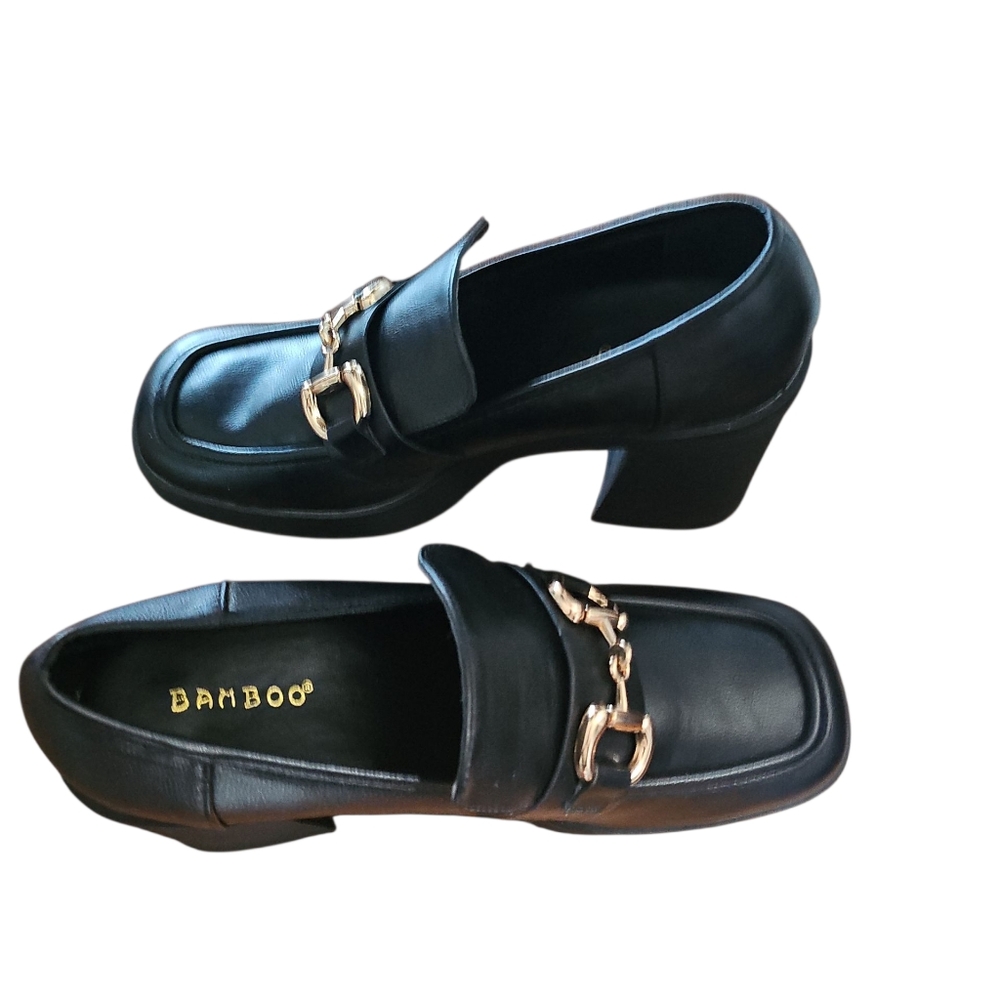BAMBOO Black Chunky Slip On Loafers With Gold Accent Size 10. NWOT - Picture 4 of 7